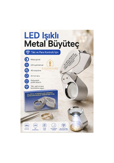 Kalemhane Tamirciler İçin 40x 25mm Led Işıklı Metal Kuyumcu Büyüteci Katlanabilir Takı Saat Para Kontrol Lup
