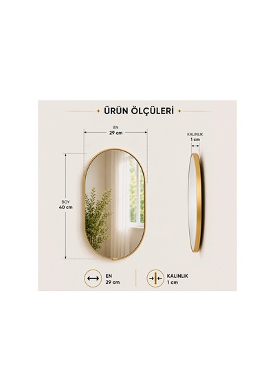 Gold Çerçeveli Dekoratif Duvar Aynası, 30 Cm, Gold Asma İpli Modern Salon Banyo Antre Makyaj Aynası Altın
