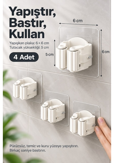 Yapışkanlı Mop Süpürge Tutucu 4'lü Set Fırça Askısı Çok Renkli