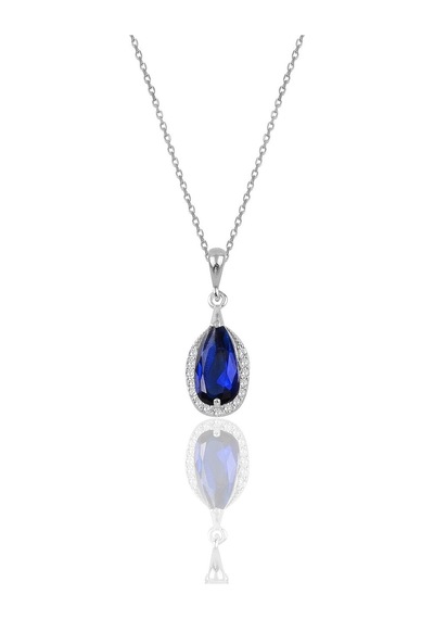 Gümüş Rodyumlu Safir Taşlı Damla Modeli Kolye Ve Küpe İkili Set