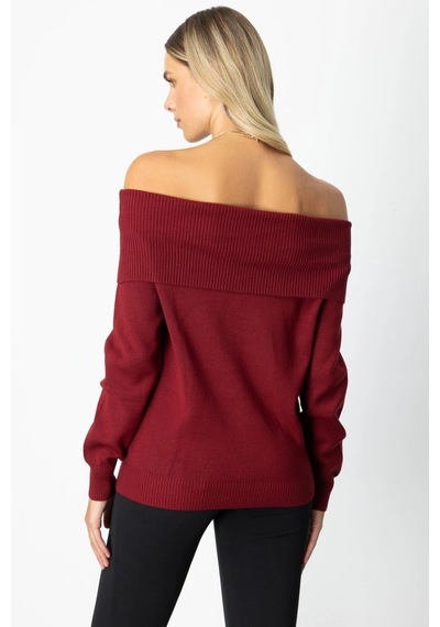 On Fashion Kadın Omzu Açık Bordo Kazak 65380 Bordo