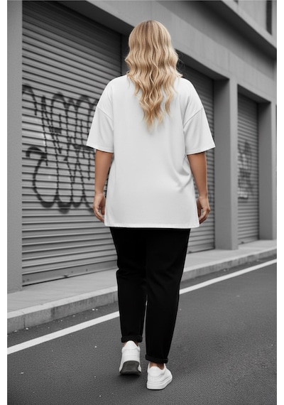 Mily Kadın Büyük Beden Battal Basic Bisiklet Yaka Pamuklu T-shirt Rahat Kesim Unisex Sevgili Kombini Beyaz