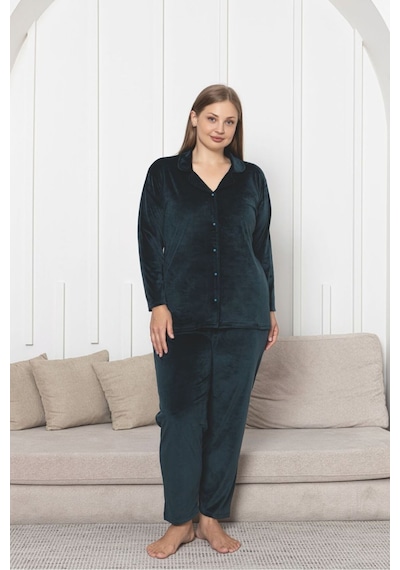 Büyük Beden Boydan Düğmeli Kadife Pijama Takımı Koyu Yeşil