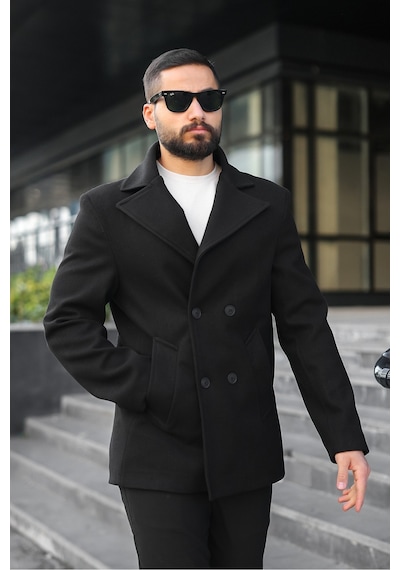 Basic Kruvaze Kaşe Ceket/kaban Siyah