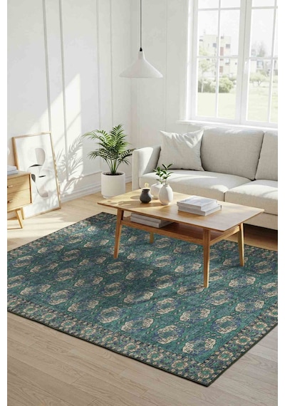 Artloop Relic Yeşil / Mavi Vintage Dokulu Klasik Desenli Dokuma Tabanlı Şönil Halı Al 472 Bej