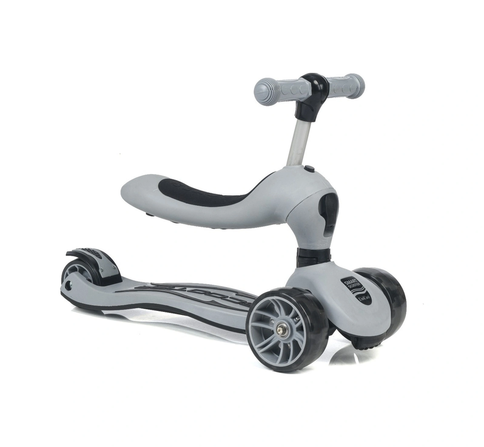 Smart Oturaklı Çocuk Scooter 3 Tekerlekli Işıklı Ledli Scooter Yükseklik Ayarlı Gri
