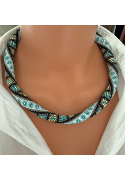 Chichibeads Bohem Rüzgarı El Yapımı Boncuk Kolye Beyaz - Mavi