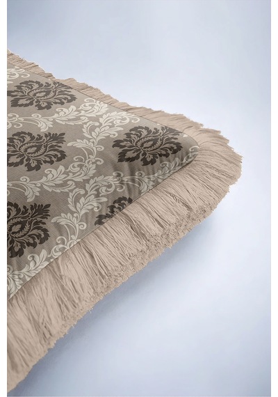 Klasik Damask Tasarımlı Saçaklı Yastık Kılıfı - Avangart Osmanlı Vizon Krem Püsküllü Kırlent Kılıfı Mor