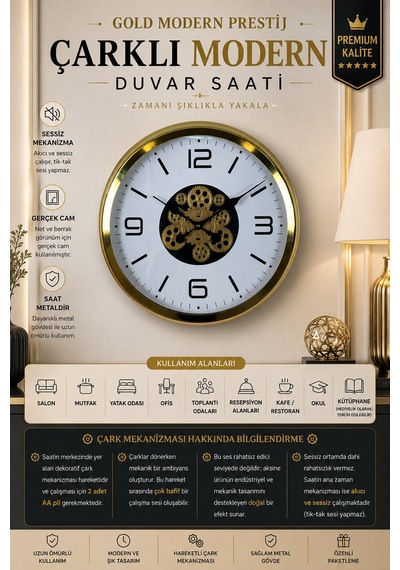 Modern Prestige Gold 60 Cm Çarklı Duvar Saati