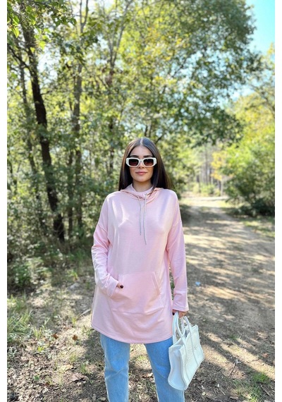 WeShaya Kadın Pudra Uzun Kol, Yakası Bağcıklı, Kapüşonlu, Kanguru Cep, Salaş, Uzun Tunik Sweatshirt Pudra