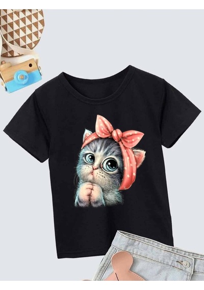 Noıssey Kod:vsk Siyah Çocuk T-shirt Kids-tatlı-kedi-siyah
