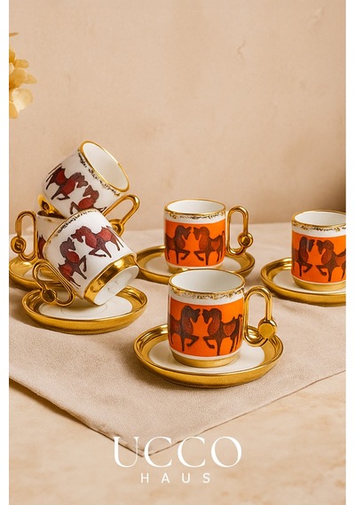 Altın Yaldızlı 6'lı 80 Ml Porselen Kahve Fincan Takımı At Motifli Premium Seri - Espresso Bardağı Beyaz-turuncu-gold Altın Yaldızlı 6'lı 80 Ml Porselen Kahve Fincan Takımı At Motifli Premium Seri - Espresso Bardağı Beyaz-turuncu-gold