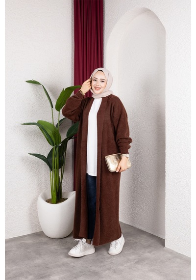 Hira Life Fashion Kadın Şal Yaka Uzun Triko Ve Sakallı Tüylü Hırka Kahverengi Kahverengi