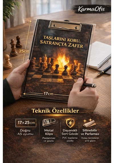 Taşlarını Koru Satranç Temalı Sekreterlik 17x25 Cm A5 Uyumlu Metal Klipsli Dayanıklı Clipboard
