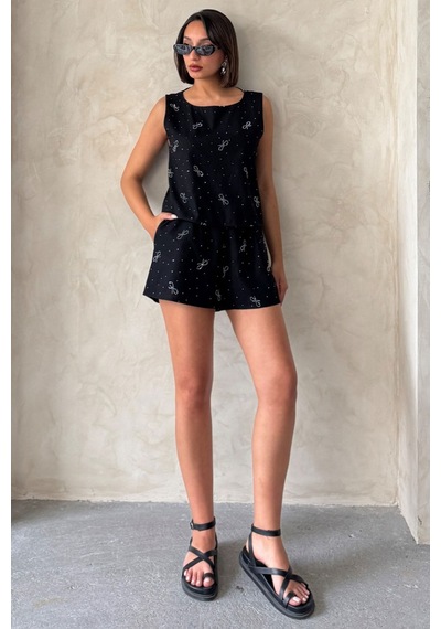Verymoda Fiyonk Taş Baskılı Şort D2905 Siyah