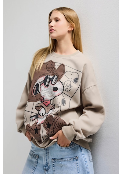 it's basic  Kadın Ekru Bej W5 Oversize Baskılı %100 Koton Organik Kumaş Sweatshirt