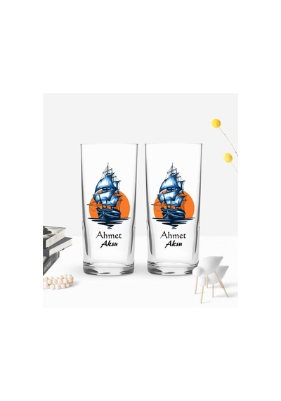 Kişiye Özel Renkli Baskılı Gemi Tasarımlı İkili Rakı Bardağı Seti-1