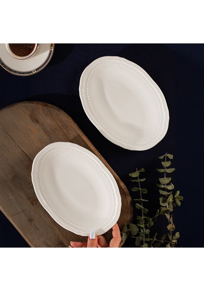 Porsima 4464 Beliz Porselen Kayık Tabak Seti - Oval Kahvaltılık Sunumluk Seti 20cm Beyaz