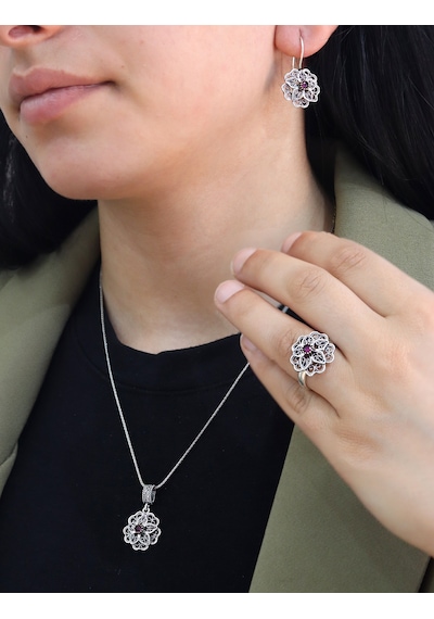 Yakut Taşlı Gül Model Oksitli 925 Ayar Gümüş Telkari Kadın Üçlü Set 201025647