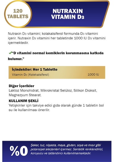 Vitals D3 Vitamini 1000uı 25mcg Içeren Takviye Edici Gıda 120 Tablet 3 Adet