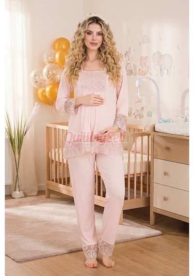 Lady Bebe Pembe Renkli Dantel Detaylı, 33203 Uzun Kol, 2 Parça Lohusa Hamile Pijama Takımı Açık Pembe