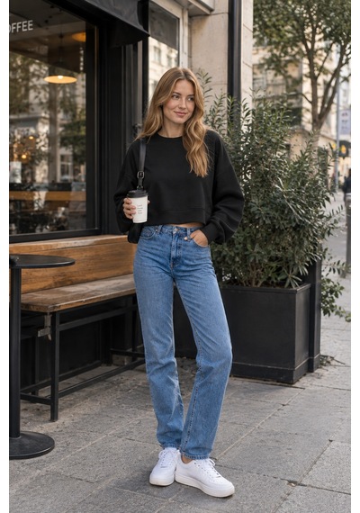 Luxıc Core Kadın Crop Bisiklet Yaka Sweatshirt Pamuklu Yumuşak Dokulu Günlük Spor Sweatshirt Siyah