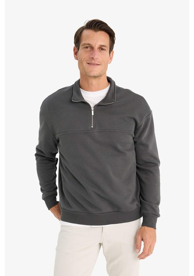DeFacto Relax Fit Dik Yaka Fermuarlı Basic Düz Kalın Sweatshirt E5334AX24WNAR211