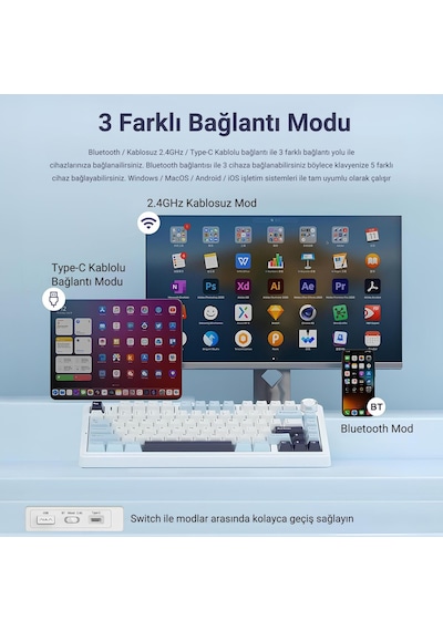 Aula F75 Mekanik Rgb Tkl Ice Vein Switch Kablosuz Makrolu Hot Swap Klavye Lacivert