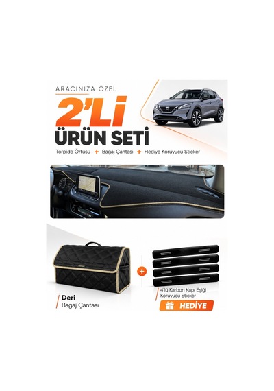 E-biz Nissan Qashqaı 2021-2024 Uyumlu Torpido Örtüsü + Deri Bagaj Çantası Seti - Siyah-bej - Nı021