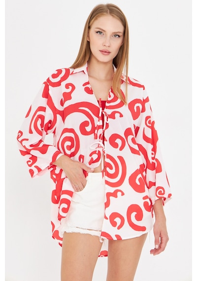Armonika Kadın Kırmızı-beyaz Gömlek Yakalı Önden Bağcıklı Kimono Gömlek Arm-25k001006 Armonika Kadın Kırmızı-beyaz Gömlek Yakalı Önden Bağcıklı Kimono Gömlek Arm-25k001006