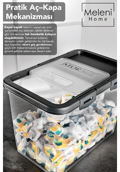 Etiketli Deterjan Saklama Kutusu - 15 Lt Sürgülü Kilitli Kapak Tablet Toz Deterjan Kabı Gri Gri