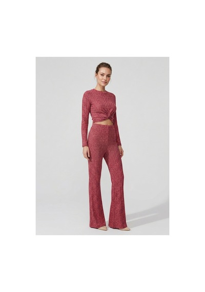 Hımmelduf Bordo Fitilli İkili Takım Önü Düğümlü Crop Bluz Ve İspanyol Paça Pantolon Bordo