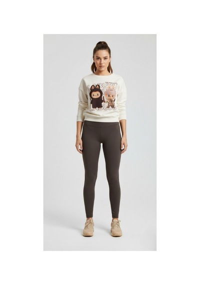 The Kadın Soft Touch Ayıcık Desenli %100 Pamuk Sweatshirt - Casual Fit- Krem/pembe Krem