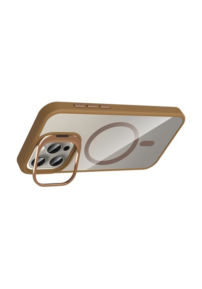 Apple iPhone Uyumlu 15 Pro Max Kılıf Kamera Standlı Magsafe Destekli Şeffaf Arka Yüz Silikon Pazarplus Desert Titanyum