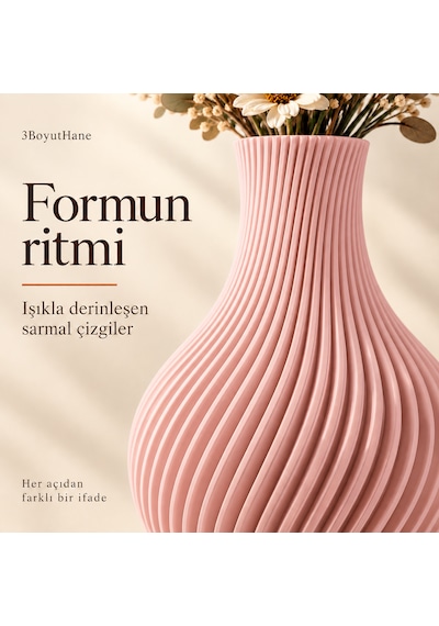 Sarmal Tasarım Dekoratif Vazo 20 Cm Kuru Ve Yapay Çiçek Vazosu Pembe