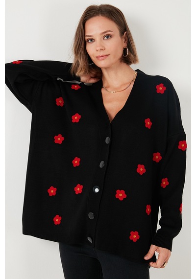 Lela Oversize Fit Çiçekli Düğmeli V Yaka Soft Akrilik Bayan Hırka 4616192 Siyah