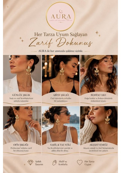 Doğal Taşlı Boncuk Sallantılı Dövme Yelpaze Formlu Küpe Kadın Hediyelik Altın