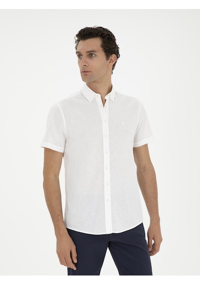 Cacharel Beyaz Slim Fit Keten Karışımlı Kısakol Gömlek