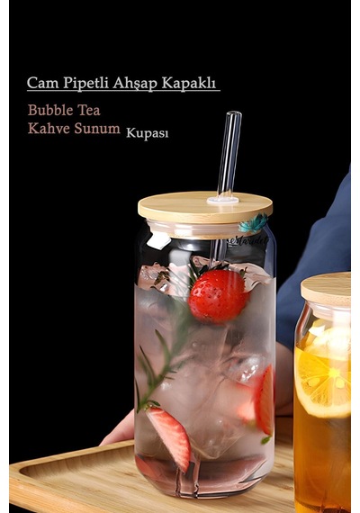 Mis Kitchen 4 Adet Cam Pipetli, Bambu Kapaklı, Kahve Bardağı