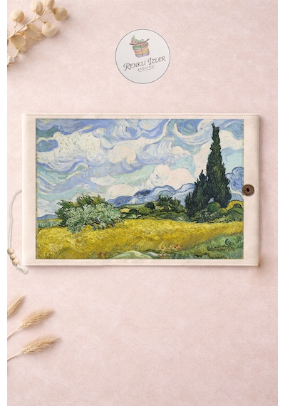 Kitap Kılıfı Ve Metal Kitap Ayracı Seti Van Gogh Selvi Ağaçlı Buğday Tarlası