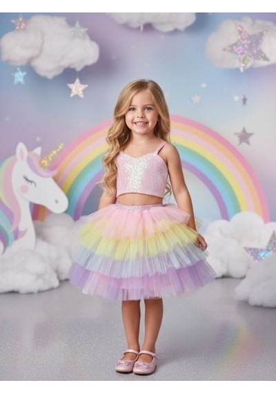 Zekids Kız Çocuk Pullu Crop Tütülü İkili Abiye Takım-17121 Çok Renkli