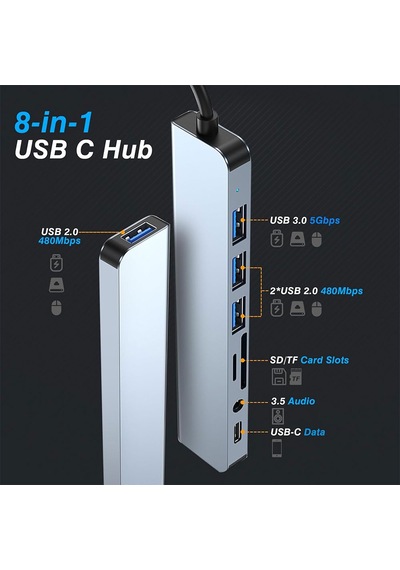 Type C Usb Hub, 8'i 1 Arada Usb 3.0 ,2.0, Type C Veri, 3.5 Ses, Sd/tf Kart Okuyucu