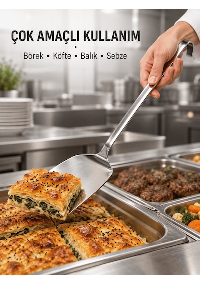 Beylini Endüstriyel Düz Servis Spatulası Delikli Paslanmaz Çelik Uzun Saplı Asılabilir Izgara Tava Lokanta Profesyonel Mutfak Gri