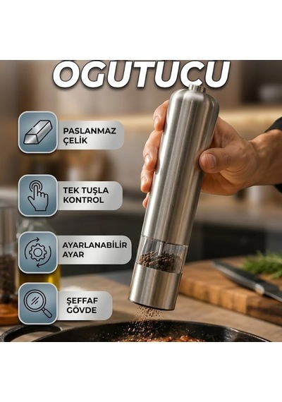 Elektrikli Baharat Öğütücü Şeffaf Gövdeli, Paslanmaz Çelik, Tek Tuş Kullanım Çok Renkli