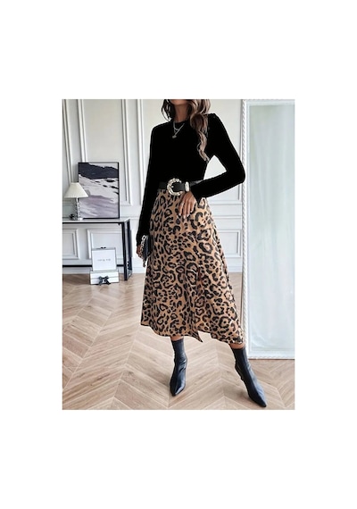 Butik İstanbul Kadın Uzun Kollu Bisiklet Yaka Ithal Krep Bluz Alt Desenli Modal Midi Elbise Siyah