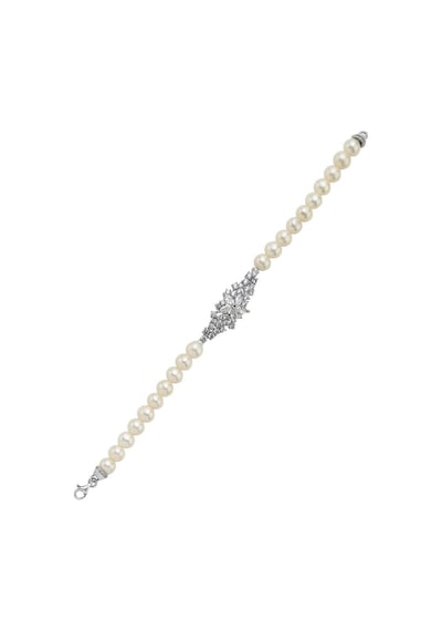 7,5 Mm Çiçek Tasarımlı Zirkon Taşlı Doğal İnci Bileklik 19 Cm / Sarı Gümüş