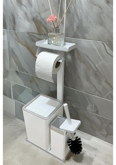 3'ü 1 Arada Banyo Seti Tuvalet Kağıtlık, Çöp Kovası Ve Tuvalet Fırça Takımı Krom Beyaz Diğer