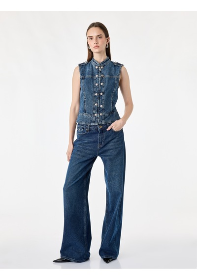 Koton Pamuklu Cepli Yuvarlak Yaka Kolsuz Denim Military Yelek Orta İndigo 7wal20008md