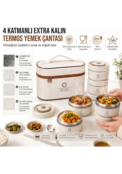 Lunch Box Isı Yalıtımlı Yemek Termosu Seti Paslanmaz Çelik Çantalı 304 Çelik Tse Belgeli Bej