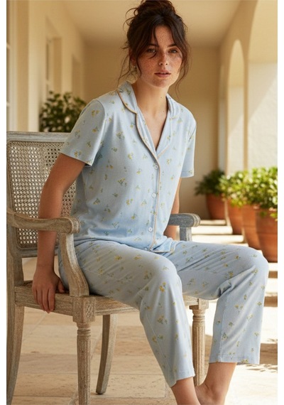 Siyah İnci Düğmeli Biyeli Viskon Örme Pijama Takım 26120761 mavi